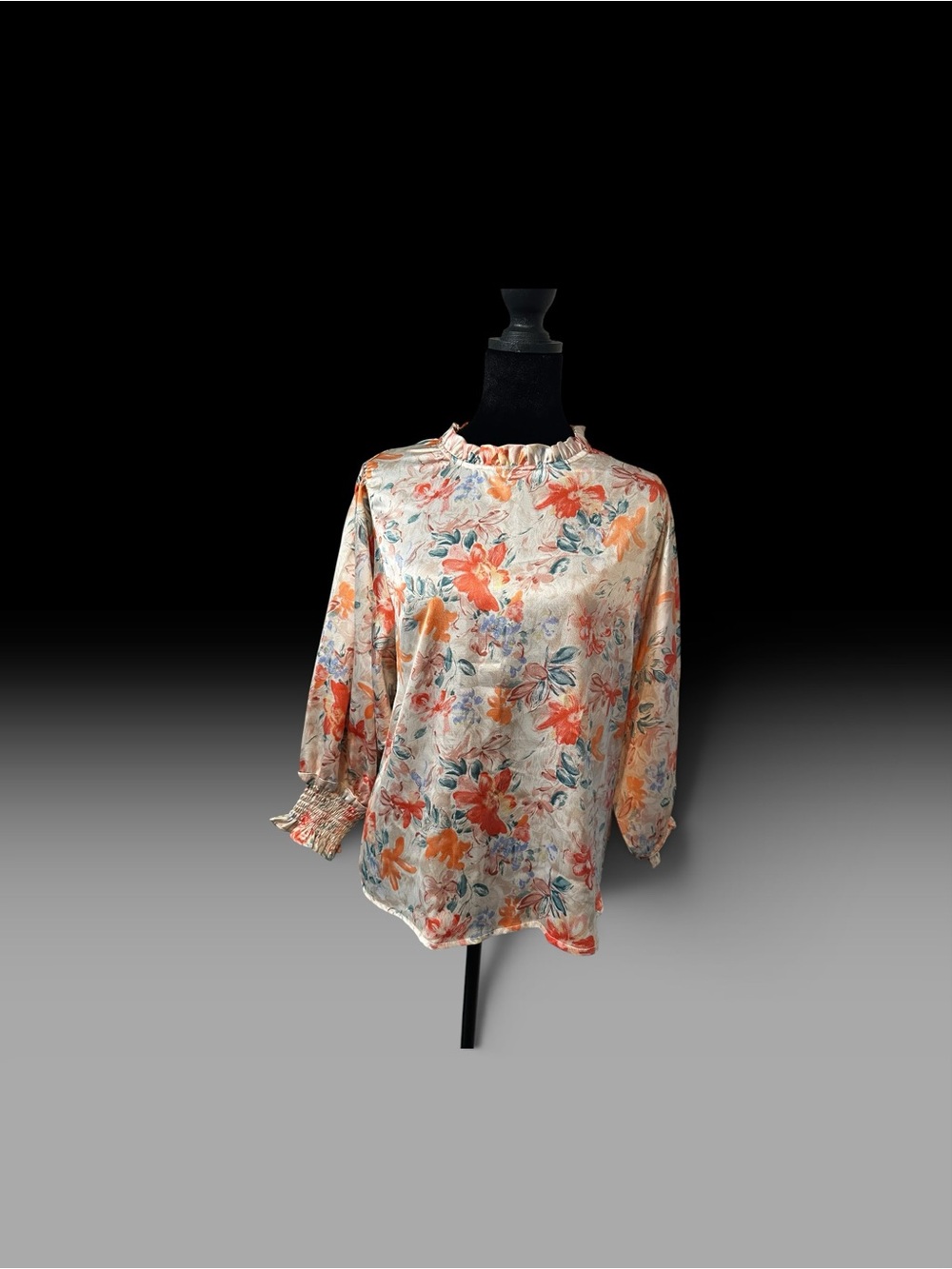 Floral Ruffle-Neck Blouse in Cream with Orange & Teal Print